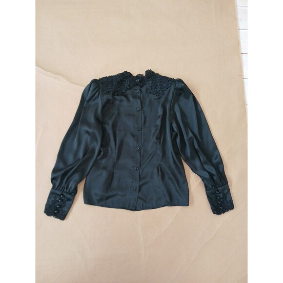 Vintage 80s Lacy Afternoon Satin Secretary Blouse Size 8 Whimsigoth - Picture 6 of 6